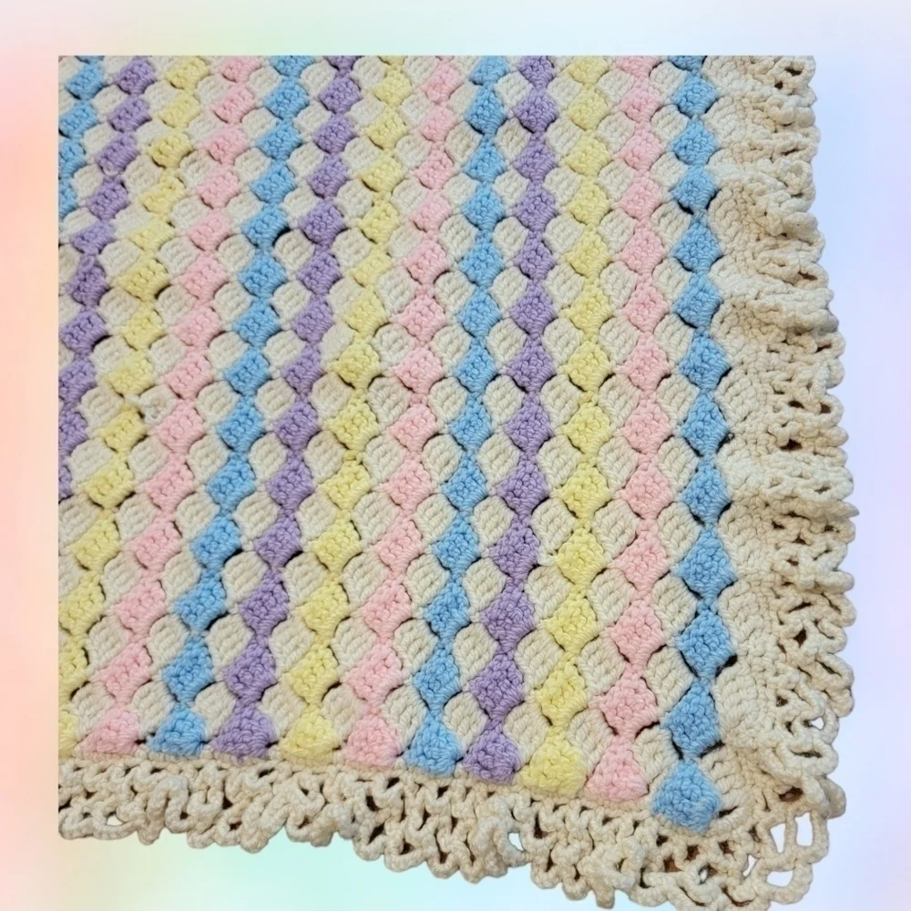 Baby Afghan Crocheted Handmade Crib Throw Blanket Pastel Rainbow Nursery